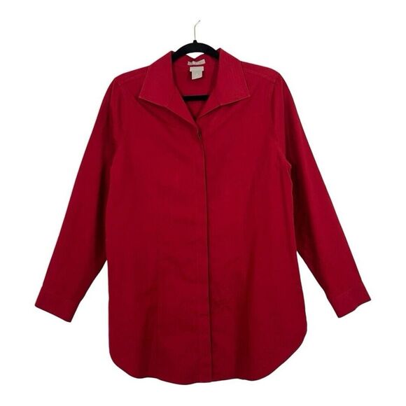 Chicos Size 0 Small Red Animal Print No Iron Wrinkle Resistant Button Down Shirt - Picture 1 of 4
